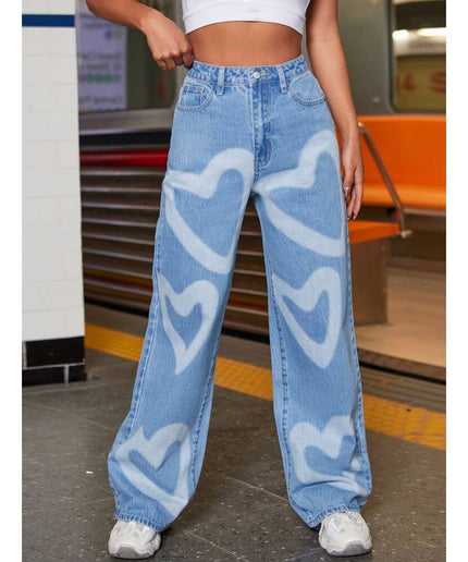 High Waisted Heart Print Wide Leg Jeans