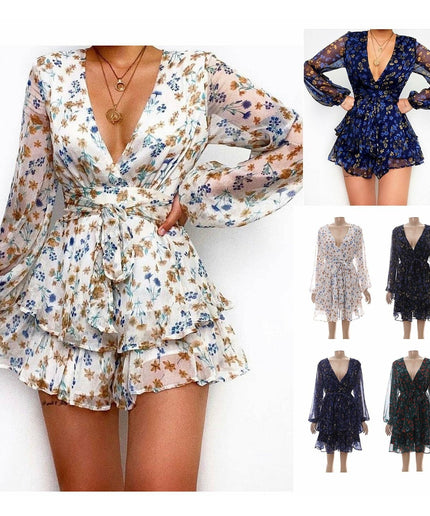 Shorts Floral Sexy Ruffles Long Sleeve Mini Dress